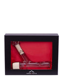 Picture of Canada Puffin Chalet Steamroller inside of  gift box packaging. packaging has clear window display and red satin lining.