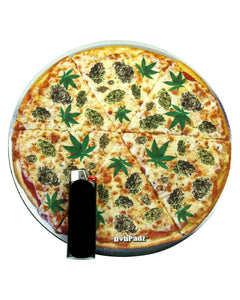 Picture of 8" Rubber Dropmat Weedza. The mat shows the image of a pizza that has marijuana leaves and cannabis buds as toppings.