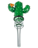 Front view of Empire Glassworks Cactus Honey Straw. The handle is a green glass cactus with glass bumps for definition and a yellow flower attached to the left limb. The honey straw is displayed on a white background.