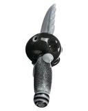 Bottom view of Empire Glassworks "Smoke & Dagger" Skull Hand Pipe, which is where the bowl is located. The mouthpiece is located at the end of the dagger handle. The pipe is displayed on a white background.