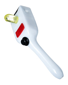 Diagonal view of the top side of Empire Glassworks Portal Gun Pipe, which is a replica of a portal gun, on a white background.